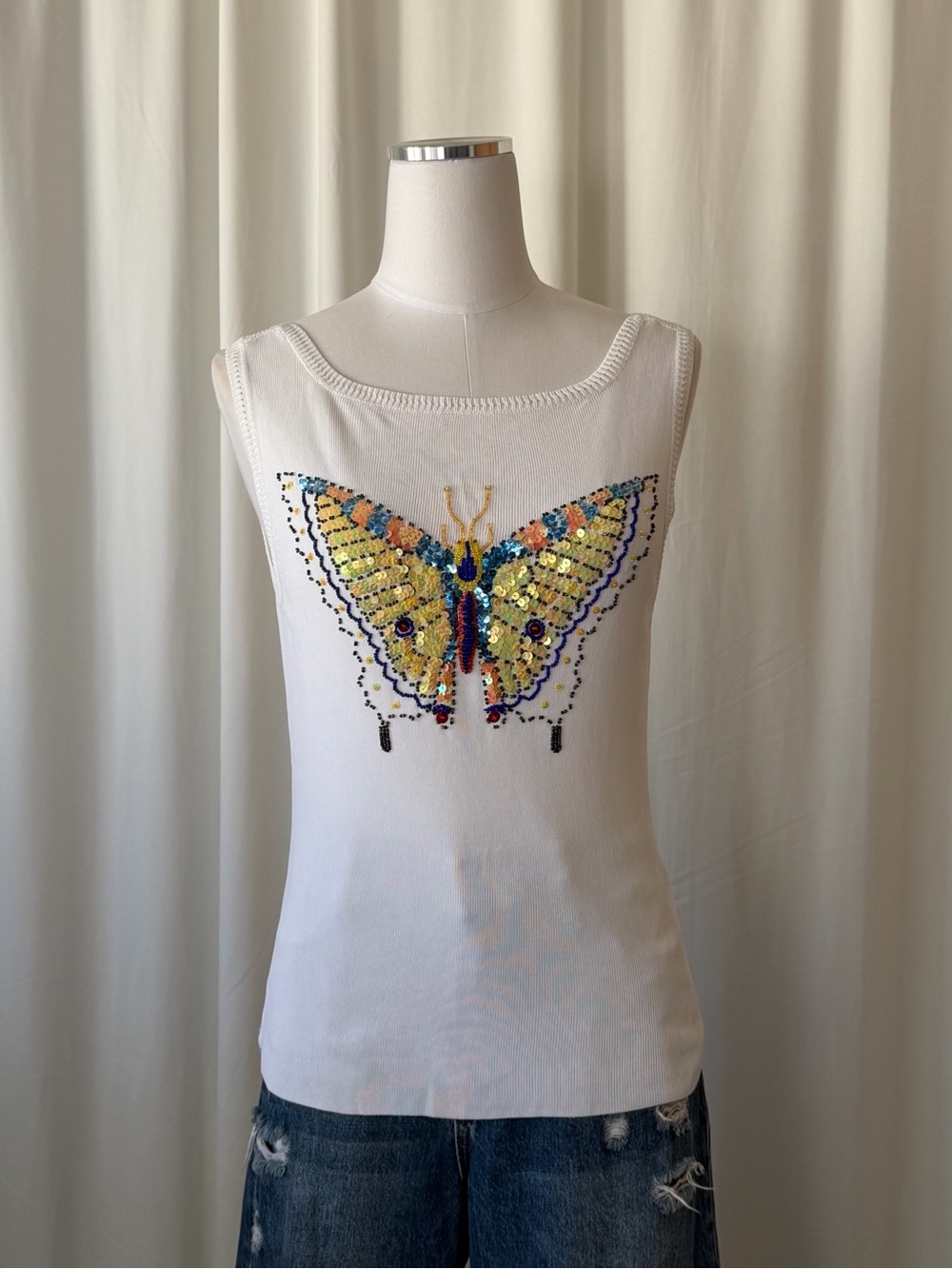 Vintage Y2K Lucia Burns Beaded Butterfly Sequin Tank Top White Ribbed Large. - Picture 4 of 12